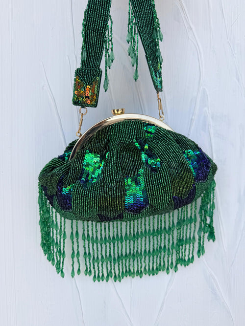 Emerald green beaded Indian statement Potli clutch bag with sequins and fringe detail 